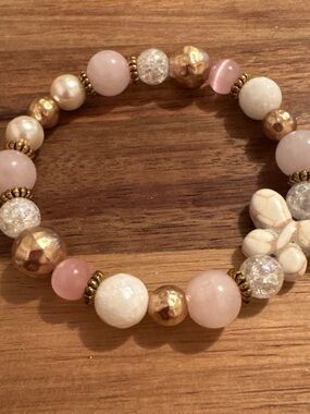 Handmade Pink and Gold Butterfly Beaded Stretch Bracelet w/ Quartz & Rose Quartz